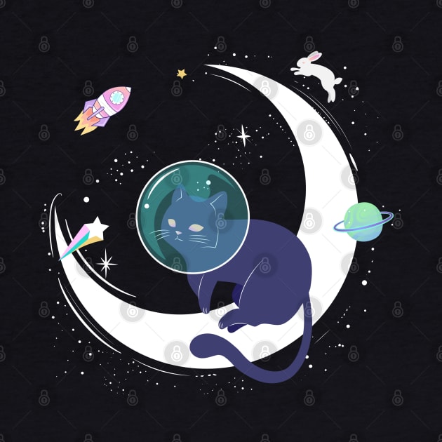 Black cat astronaut in space with the moon, rocket, shooting star, rabbit and planet by keeplooping